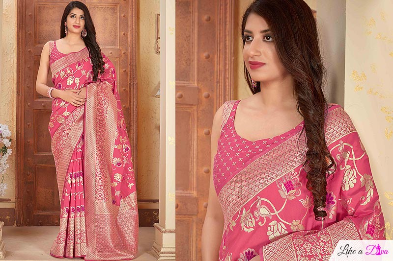Peachish Pink Banarasi Silk Saree with Zari Gold Border
