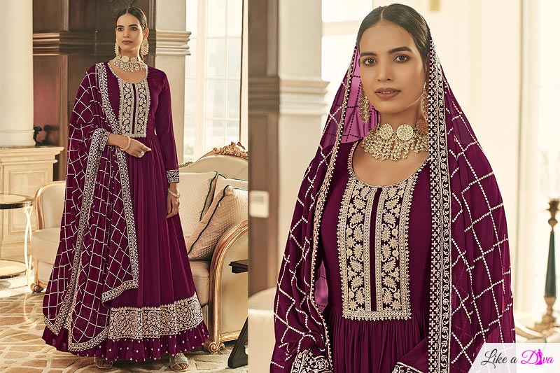 Plum Georgette Embroidered Anarkali Suit
