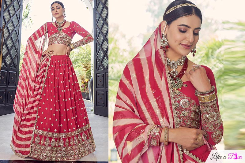Red Georgette Embellished Lehenga Set
