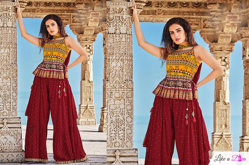Mustard & Maroon Silk Printed Peplum Style Fusion Wear Suit