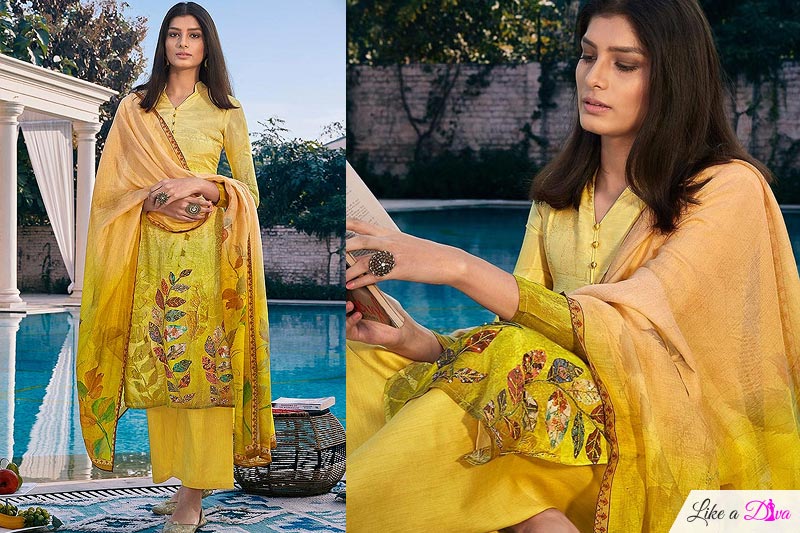 Ready to Wear Yellow Digital Print Cotton Silk Palazzo Suit