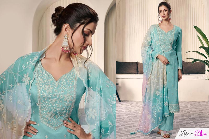 Turquoise Silk Embroidered Kurta Set With Scalloped Embroidered Ombre Dupatta