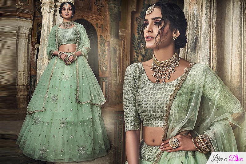 Light Sea Green Silk Zari Work Lehenga