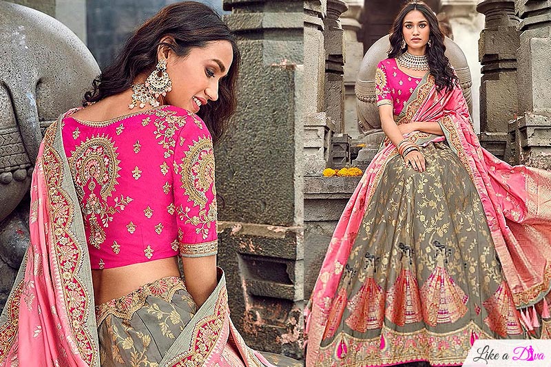 Banarasi Silk Pink and Grey Embroidered Lehenga