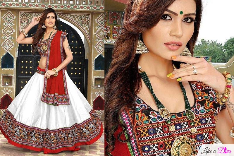 White and Turkey Red Embroidered Cotton Lehenga Choli