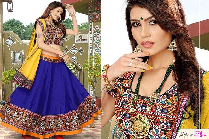 Royal Blue and Yellow Embroidered Cotton Lehenga Choli