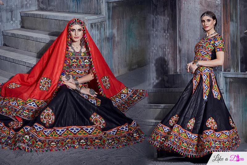 Japanese Cotton Embroidered Red & Black Navratri Lehenga Choli