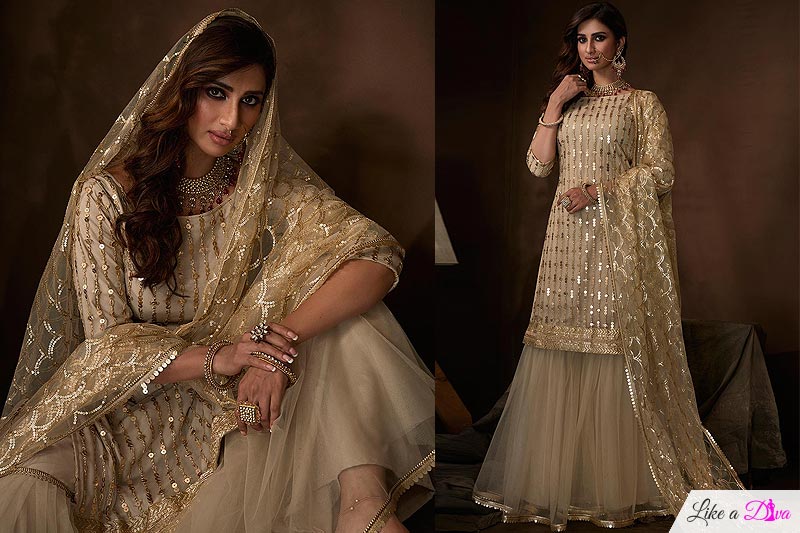 Off White Sequin Embellished Indian Net Suit