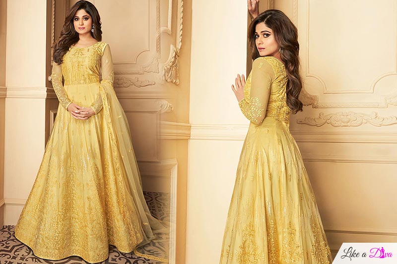 Yellow Embroidered Anarkali Suit with Net Dupatta