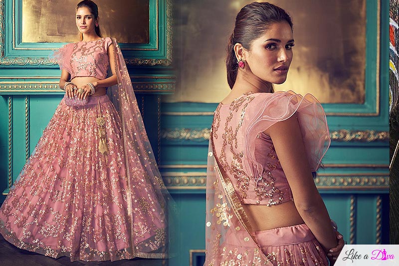 Blush Pink Party Wear Net Lehenga with Beautiful Sequin Work