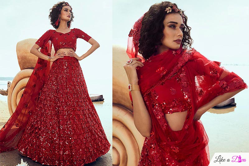Ravishing Red Sequin Embellished Net Lehenga Choli