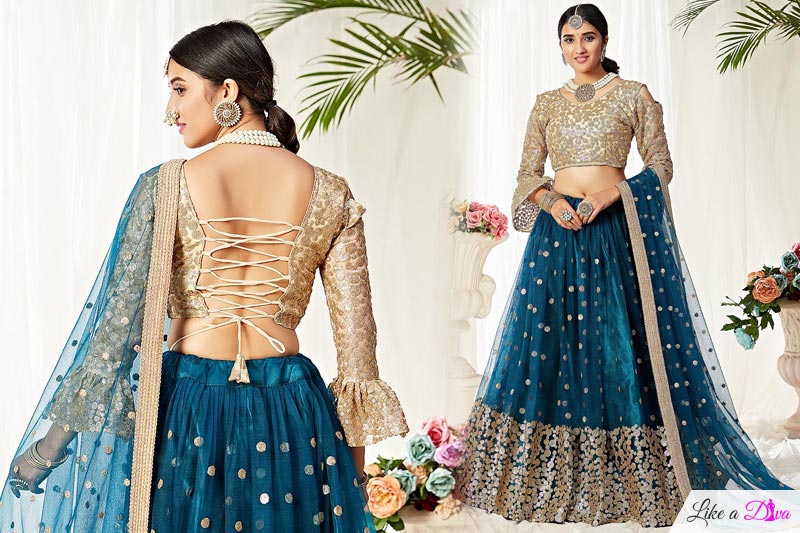 Sequin Embellished Teal Blue Lehenga in Net