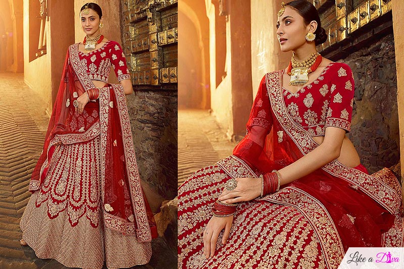 Beautiful Red Velvet Zari Embroidered Bridal Lehenga