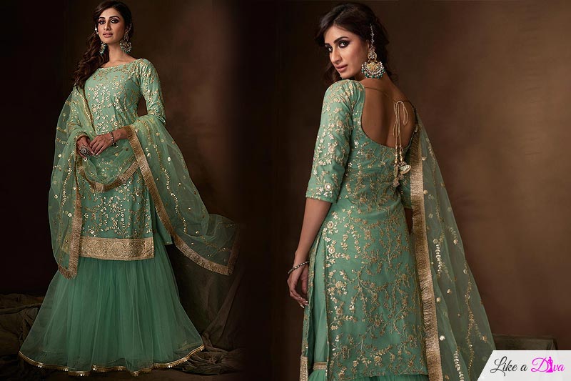 int Green Designer Indian Suit with Floral Embellishments