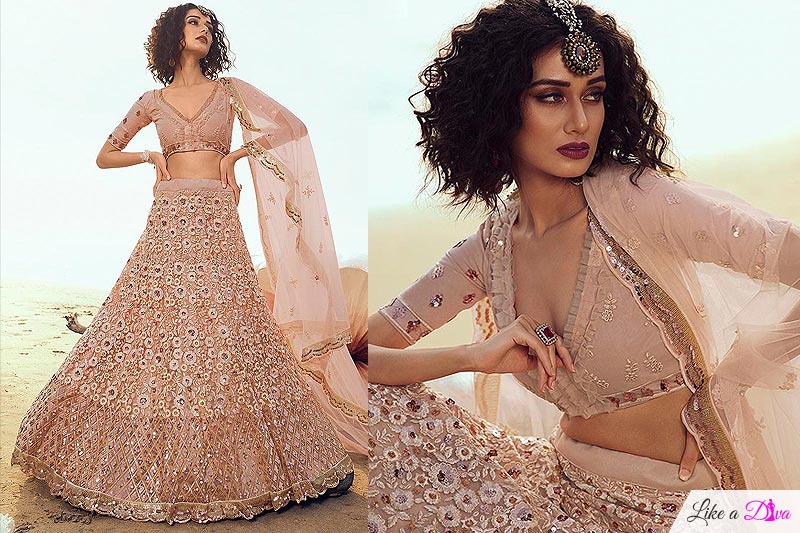 Light Peach Resham Embroidered Lehenga Choli with Sequin Detailing
