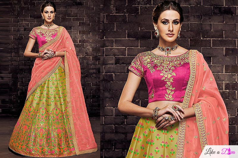 Lemon Green Silk Brocade Indian Lehenga