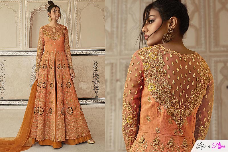 Orange Zari Embroidered Anarkali Suit with Lehenga