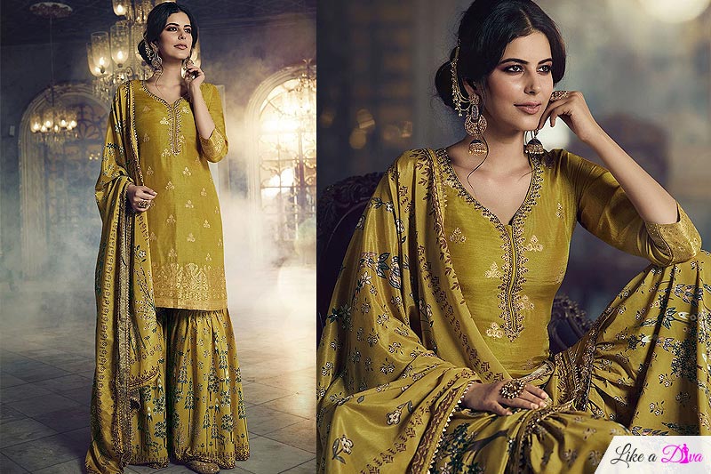Mustard Green Jacquard Weaved Silk Sharara Suit