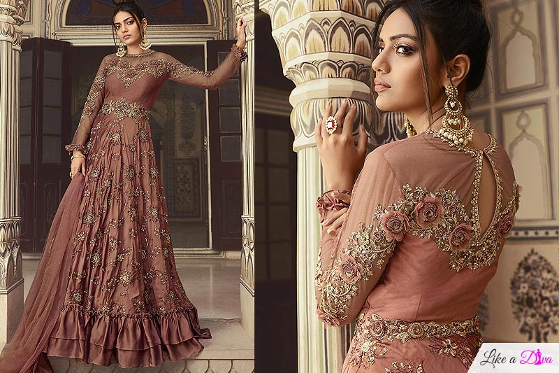 Rose Taupe Silk Zari Embroidered Anarkali Suit