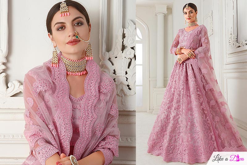 Pink Net Lehenga Choli with Embroidery