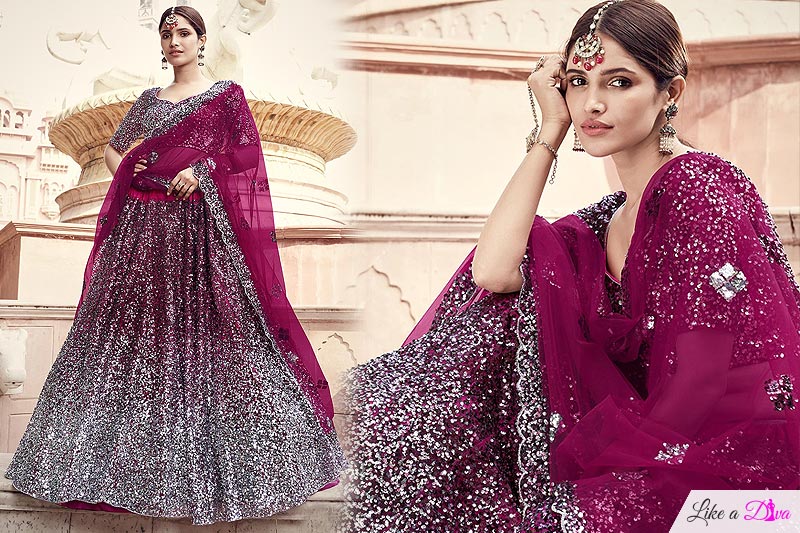 Wine Party Wear Lehenga Choli with Embellished Sequins