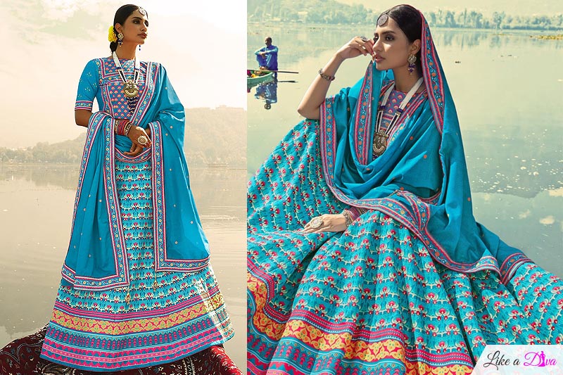 Blue Digital Printed Silk Lehenga Choli