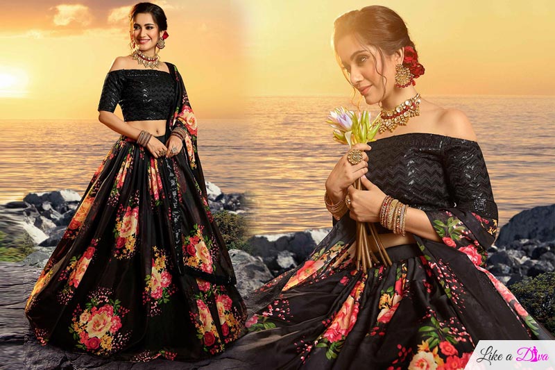 Black Beautiful Floral Printed Silk Indian Lehenga
