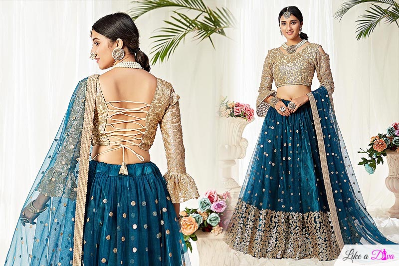 Sequin Embellished Teal Blue Lehenga in Net