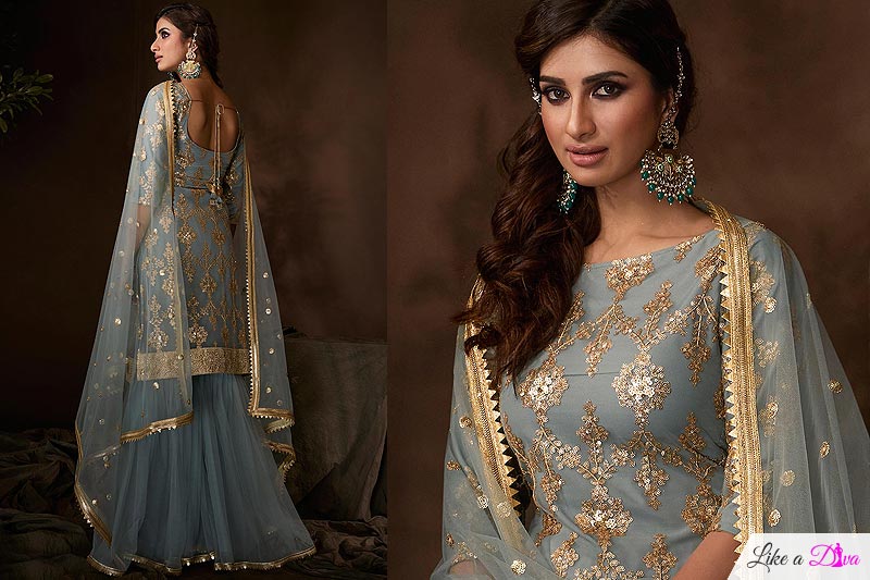 Gorgeous Steel Blue Sequin Embellished Sharara Suit in Net