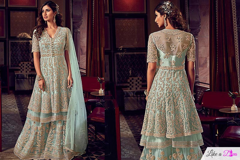Light Mint Blue Zari Embroidered Peplum Sharara Suit