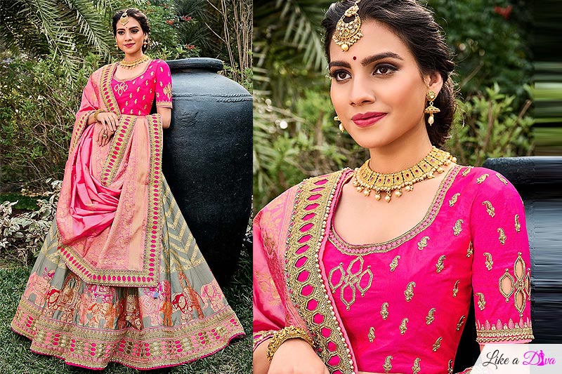 Grey and Pink Silk Zari Embroidered Lehenga