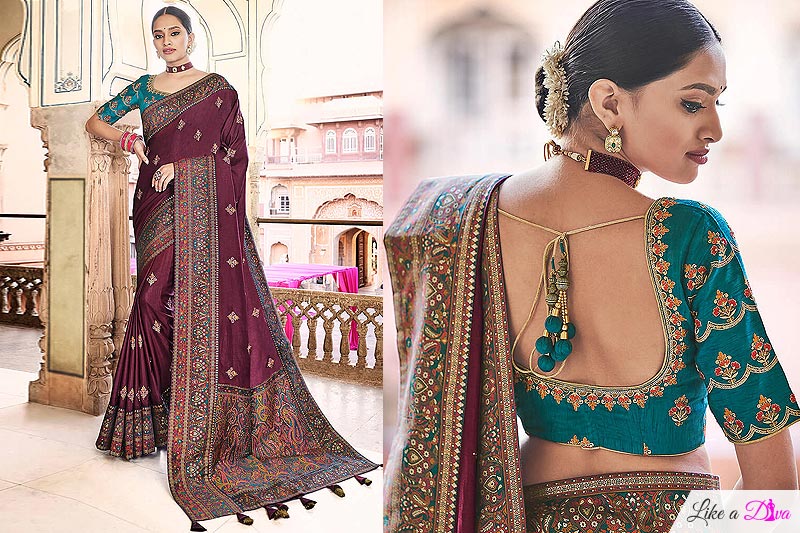 Plum Silk Saree with Kashmiri Border