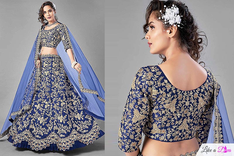 Blue Zari Embroidered Silk Lehenga Choli