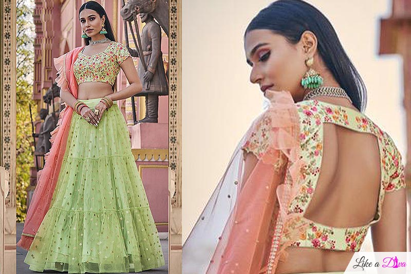 Light Green Tiered Net Lehenga with Resham Embroidered Blouse