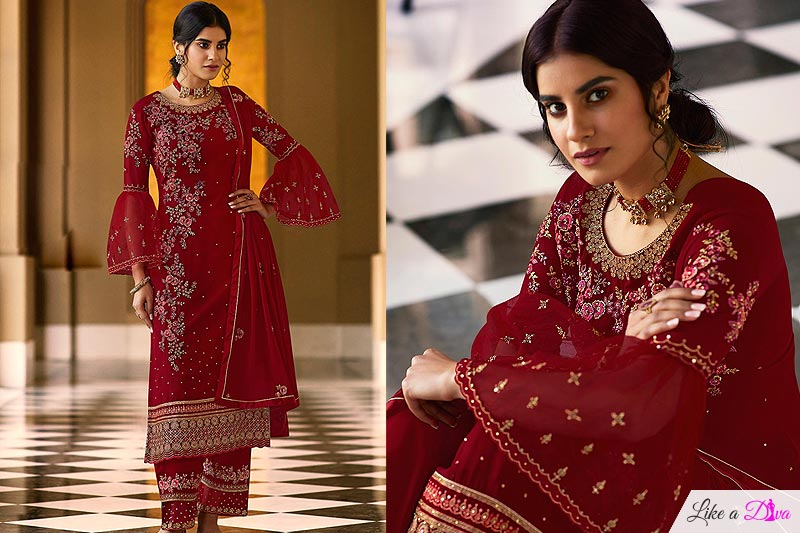 Crimson Red Pure Georgette Embroidered Palazzo Suit