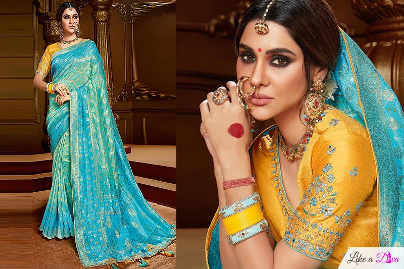 Blue Zari Weaved Banarasi Silk Saree With Yellow Blouse