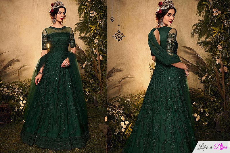 Bottle Green Rhinestone Embellished Anarkali Suit