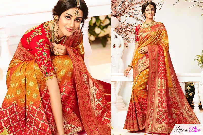 Yellow and Red Banarasi Silk Saree