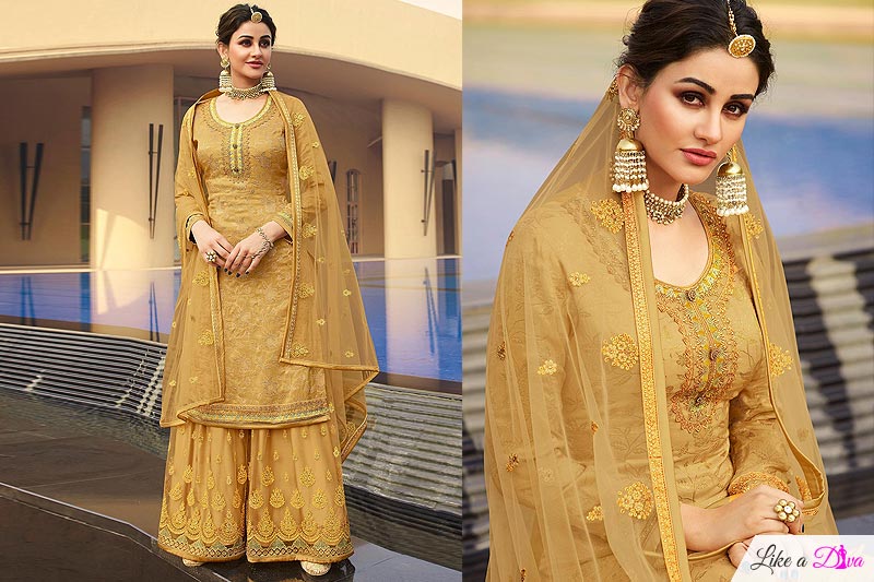 Dull Gold Silk Jacquard Kurta Palazzo Set