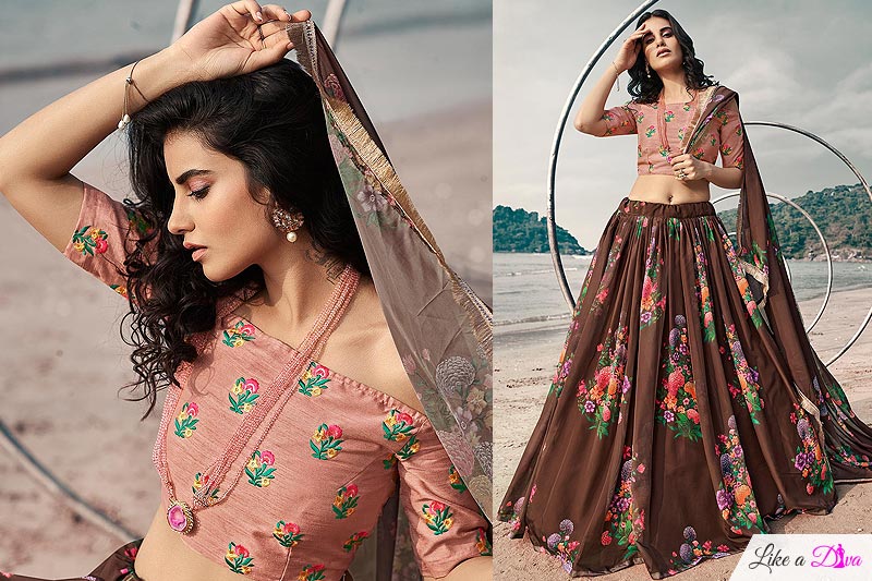 Brown Soft Organza Silk Lehenga with Floral print