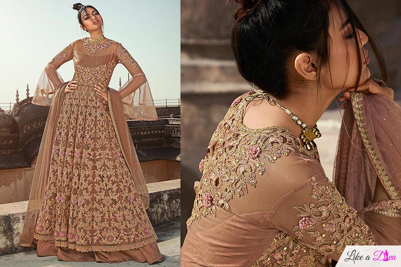 Stunning Beige Embroidered Net Anarkali with Lehenga/ Pant