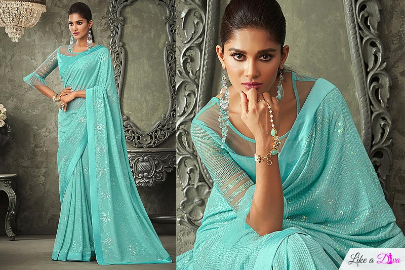 Sea Green Georgette Sequin Embellished Saree