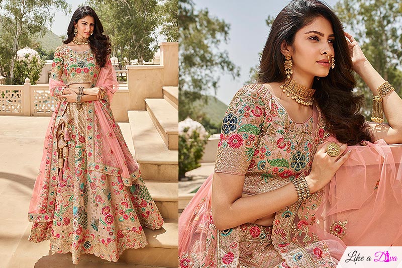Beige & Peach Multi Silk Embroidered Lehenga