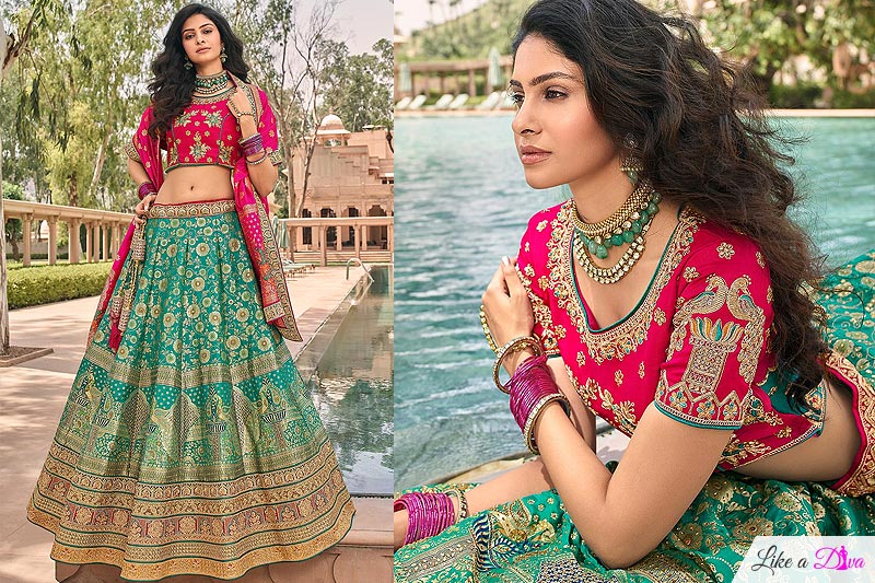 Turquoise Green And Pink Zari Embroidered Banarasi Silk Lehenga