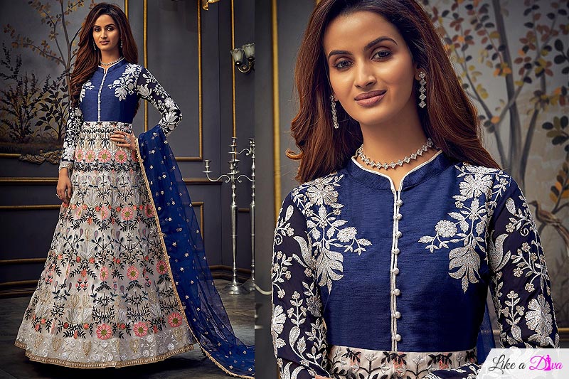 White And Blue Zari Embroidered Anarkali in Net
