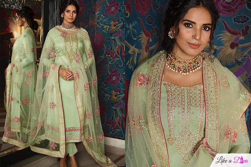 Pastel Green Straight Silk Pant Suit