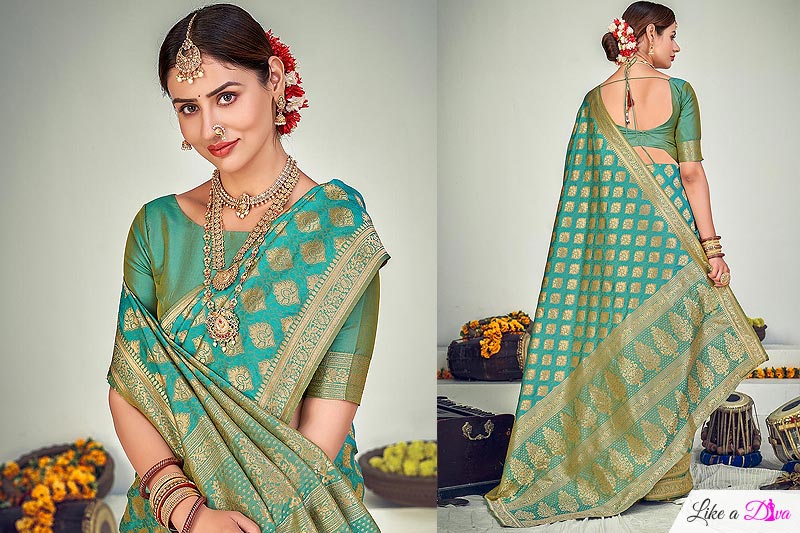 Turquoise Blue Zari Woven Banarasi Silk Saree