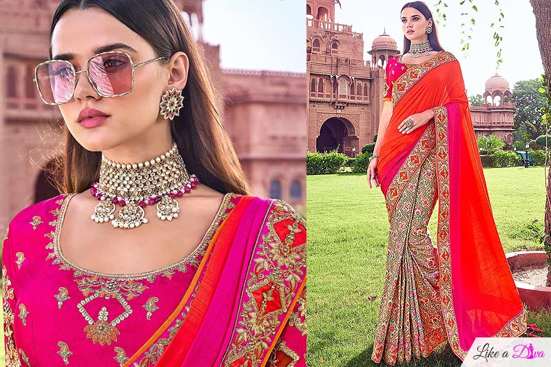 Orange and Pink Banarasi Silk Saree