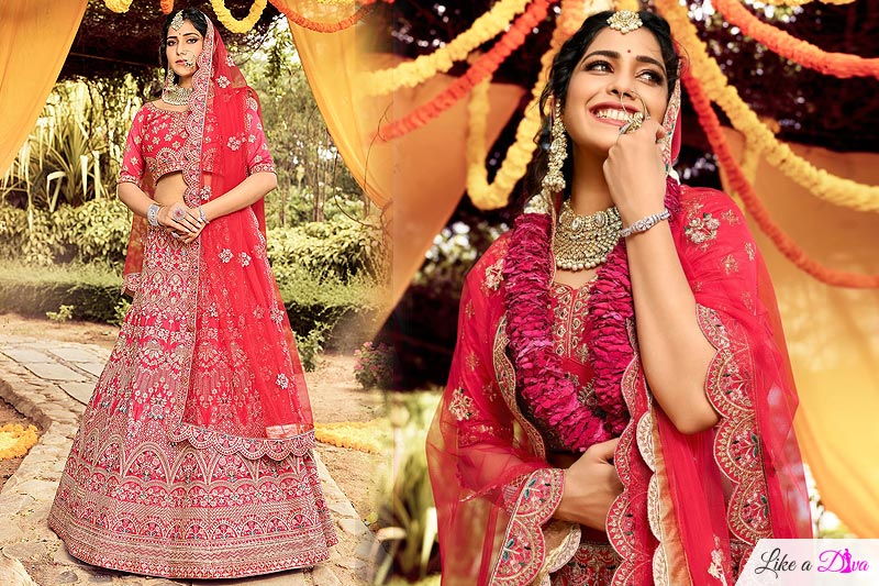 Red Raw Silk Embellished Lehenga