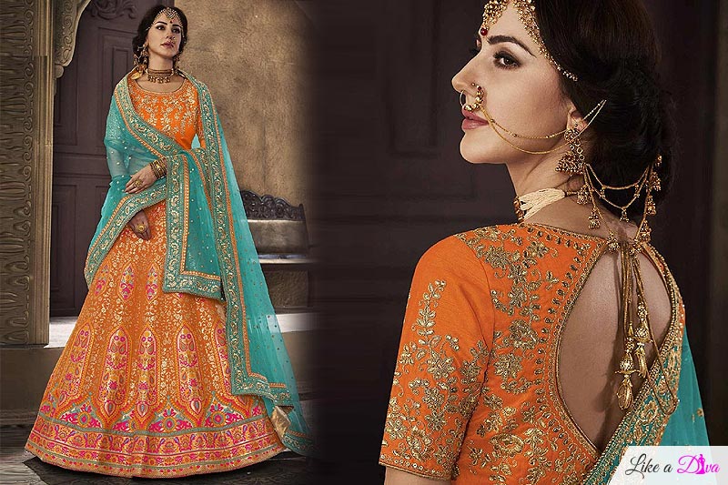 Orange and Turquoise Silk Lehenga Choli